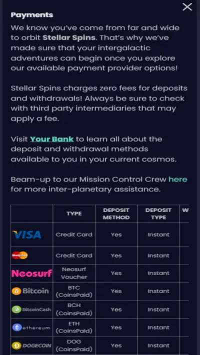 Stellar Spins casino payments