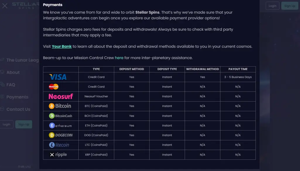 Stellar Spins casino payments