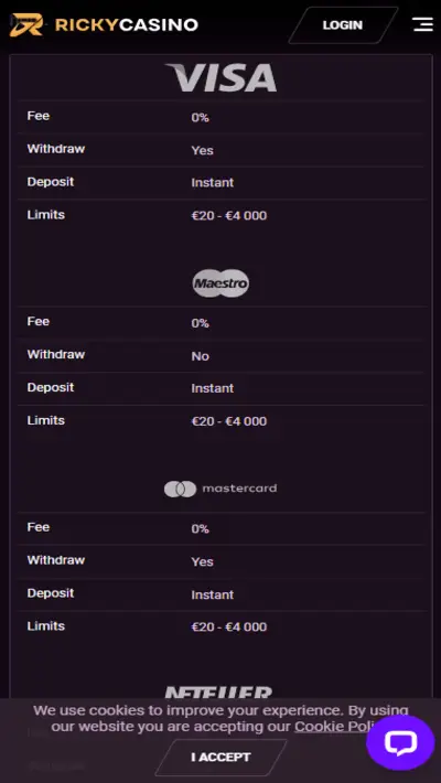 Ricky casino payments mobile