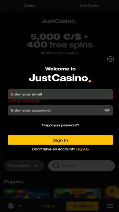 Just Casino Login Process Mobile