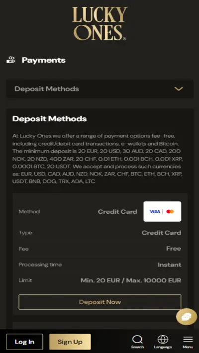 Lucky Ones Casino Deposits and Withdrawal Methods Mobile