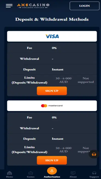 Axe Casino Payments Mobile