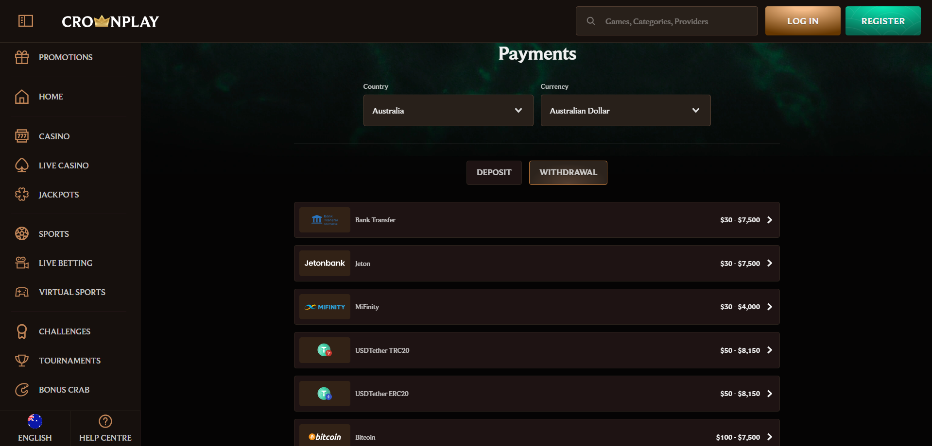 CrownCasino payments screenshoot