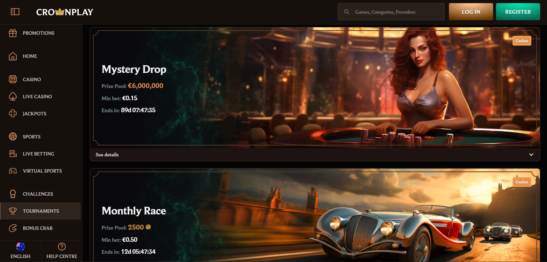 CrownCasino tournaments screenshoot