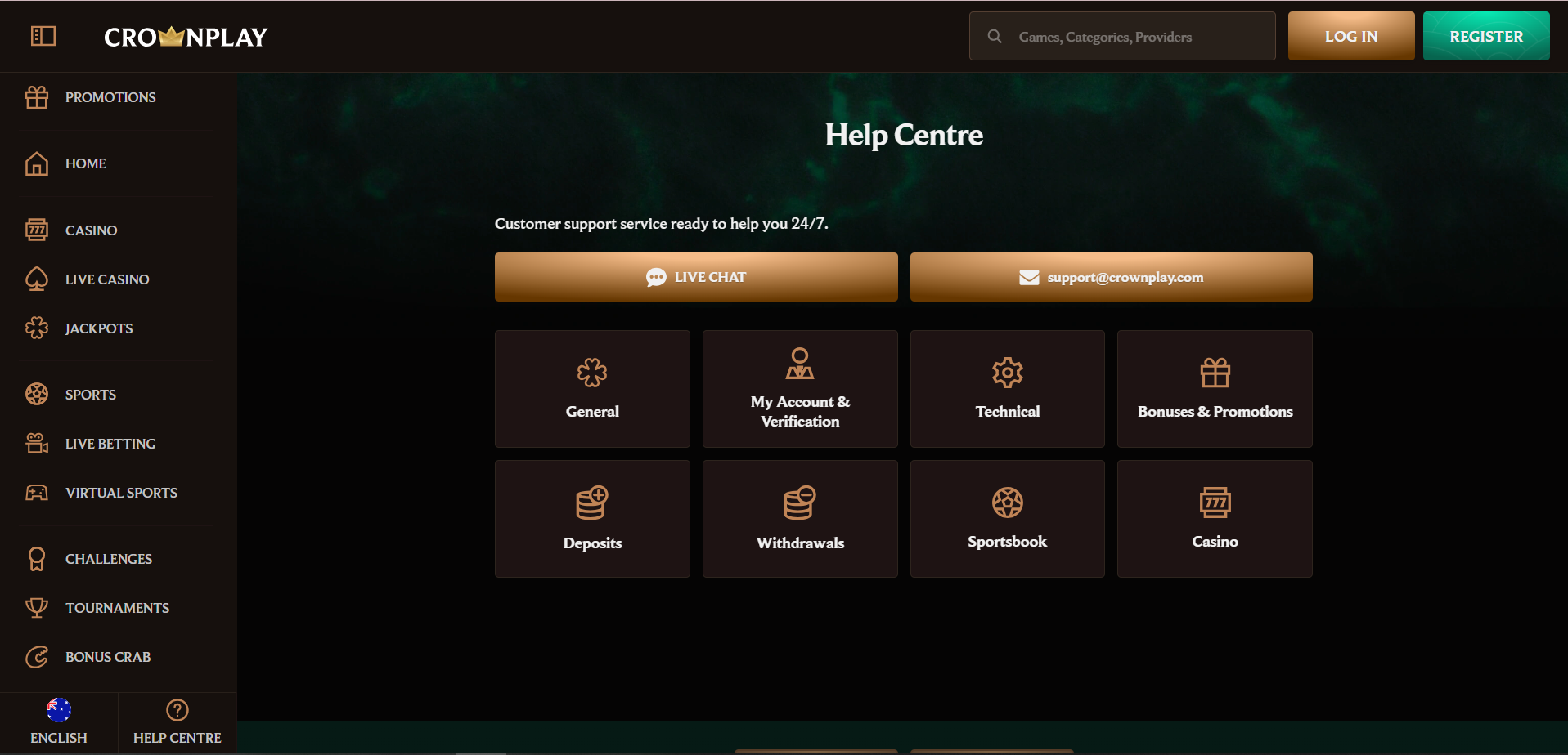 CrownCasino help center screenshoot