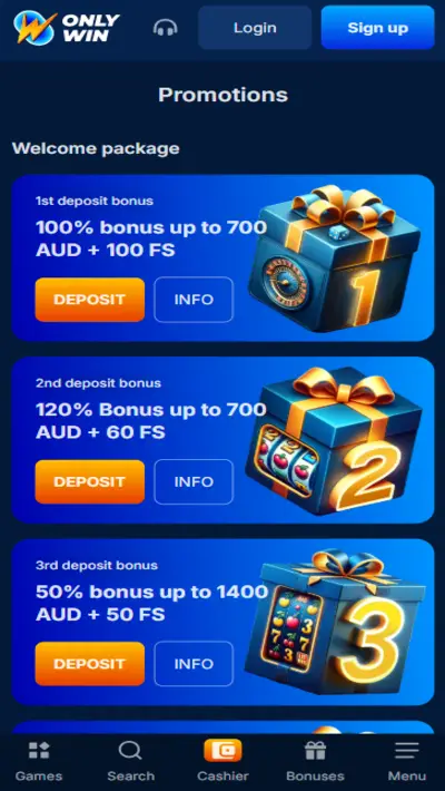 OnlyWin Casino Bonuses Mobile