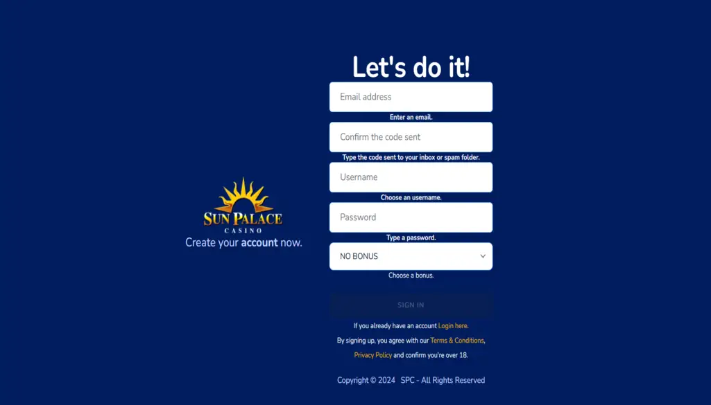 Sun Palace Casino Login