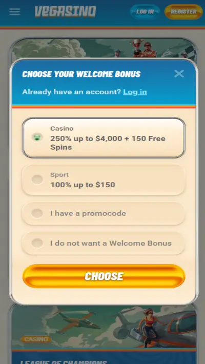 Vegasino Register Mobile