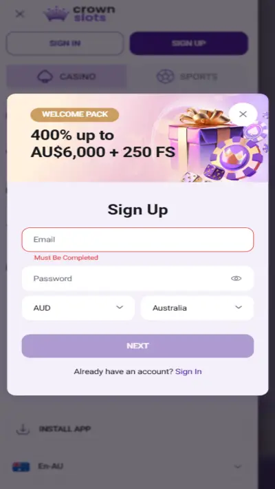CrownSlots Register App
